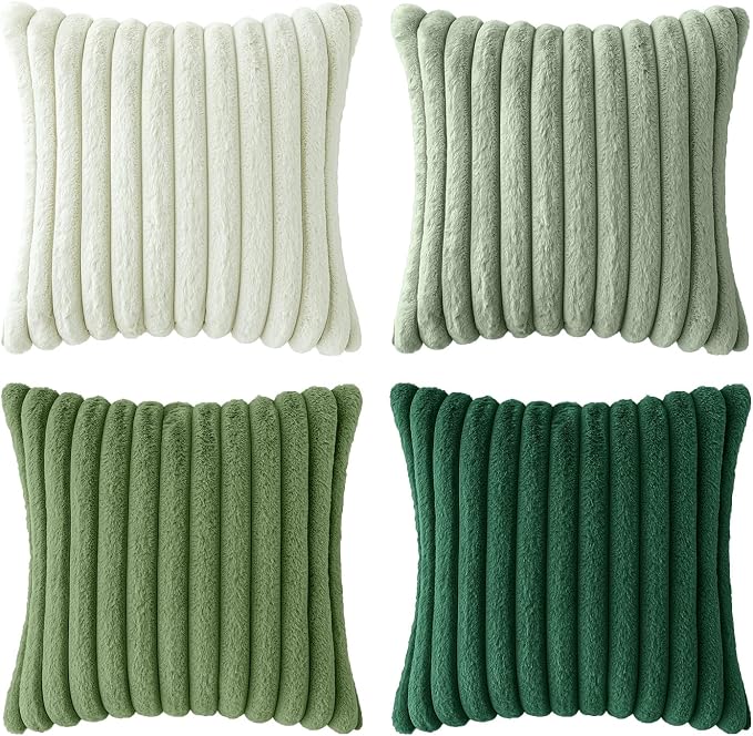 MIULEE Faux Fur Plush Decorative Throw Pillow Covers 20x20 Set of 4, Spring Modern Soft Fuzzy Striped Cushion Covers for Sofa Couch Bed Living Room Cozy Home Decor,Green