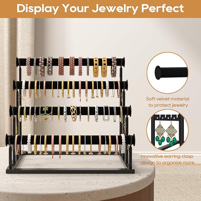ORLESS 4 Tier Bracelet Holder, 2 Pack Detachable Velvet Jewelry Display Stand, T-Bar Necklace Storage Organizer Display Stand, Metal Bracelet Holder Display for Bangles Bracelets Scrunchies(Black)