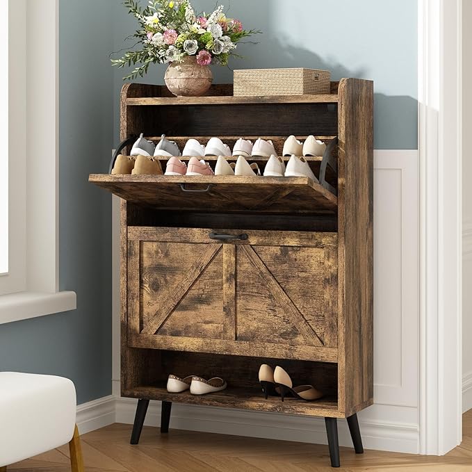 Shoe Storage Cabinet for Entryway, Set of 2, Hidden Shoe Cabinet with 2 Flip Drawers, Narrow Slim Shoe Cabinet for Hallway, Free Standing Wooden Shoe Organizer Shoe Rack, Rustic Brown