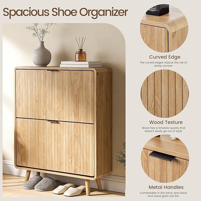 FurSch Fluted Shoe Storage Cabinet with 2 Flip Drawers, Narrow Shoe Rack Cabinet Organizer with Adjustable & Removable Shelves for Entryway (All Natural, 2 Drawers)