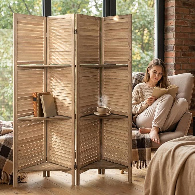 Bluecat 4 Panel Folding Room Divider with Shelves, Portable Lightweight Privacy Screen for Bedroom Home Office, No Assembly Required, Brown