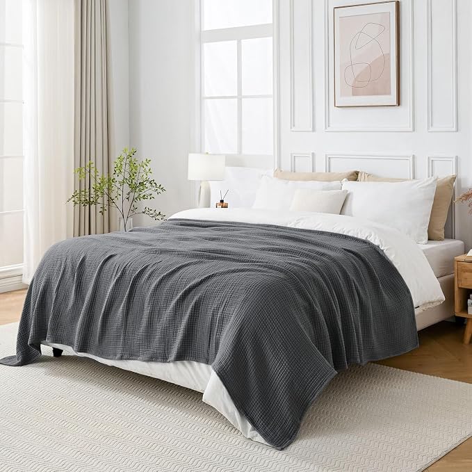 Esterra Queen Size Cozy Soft Lightweight Pre-Washed Cotton Blanket, All Season Breathable 4-Layer Gauze Blanket Throw for Couch Bed, Dark Gray, 90x90 Inches
