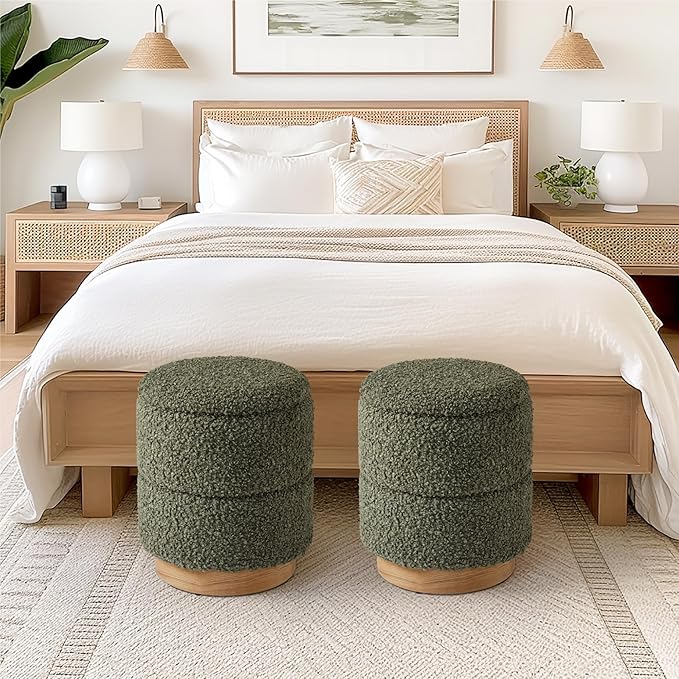 Get Set Style Round Ottoman with Storage, Modern Boucle Ottoman Upholstered Foot Stool with Wood Base, Vanity Stool Chair, Footrest Extra Seat for Living Room Bedroom Entryway (Olive Green)