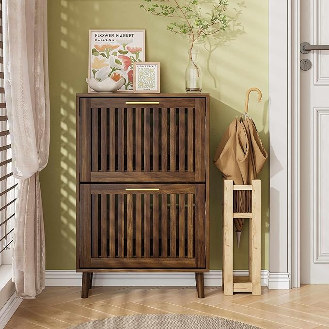 Shoe Cabinet for Entryway, Slim Narrow Shoe Storage Cabinet with 2 Flip Louvered Drawers, Freestanding Shoe Rack Organizer Cabinet for Hallway, Living Room, Walnut (23.6''W)