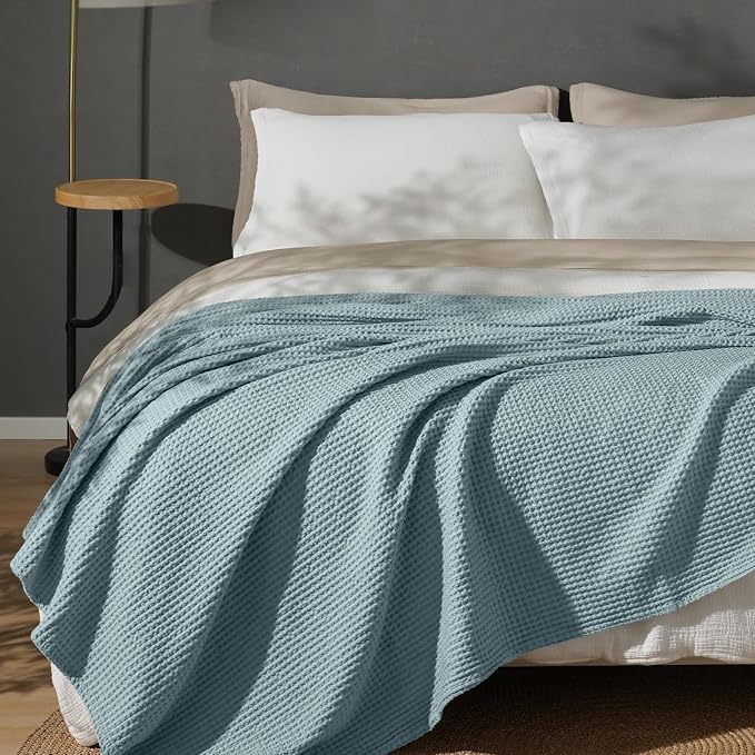 PHF Pre-Washed 100% Cotton Waffle Weave Blanket King Size for Bed,Snag Proof Throw Blanket for Couch Spring Summer Lightweight Breathable,Machine Washable, Home Decor Gift - Ocean