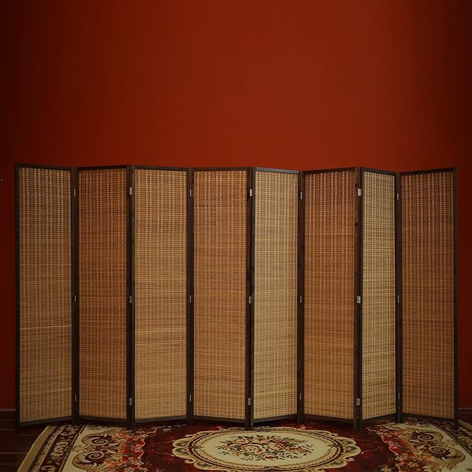 Furnnylane 8 Panel Bamboo Room Divider - Natural Brown 5.6 ft Tall Folding Privacy Screen, Freestanding Partition Wall for Room Separation (67" H x 122.8" W)