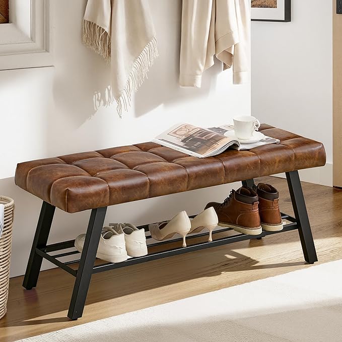 LUE BONA 45" Entryway Bench with Shoe Storage, End of Bed Bench with Tufted Faux Leather Seat, Bedroom Bench with Metal Frame, 330 LBS Capacity for Entryway, Living Room, Hallway, Brown