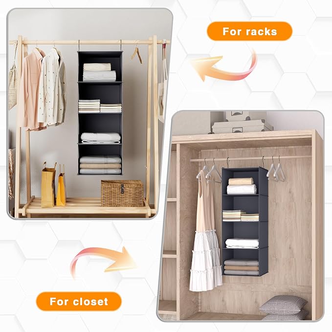 Hanging Closet Organizer, Easy Mount Foldable 4-Shelf Hanging Closet Wardrobe Storage Shelves, Clothes Handbag Shoes Accessories Storage, Washable Oxford Cloth Fabric, Dark Grey