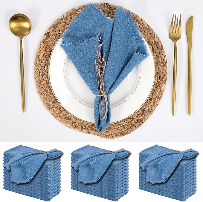 36 Pack Cyan Handmade Cloth Napkins 12 x 12 Inch Cotton Linen Napkins with Fringe, Washable and Reusable Napkins, Soft Rustic Boho Fringe Cloth Napkins for Dinners,Parties, Wedding
