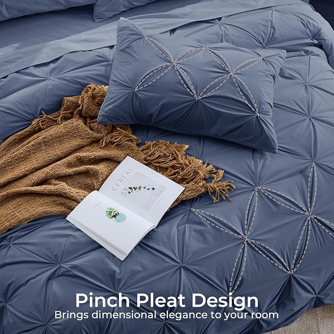 Sasttie California King Comforter Set, 7-Piece Bed in a Bag Cal King, Pintuck Bedding Set for All Season, Includes Comforter, Flat Sheet, Fitted Sheet, Pillowcases and Pillowshams, Indigo Blue