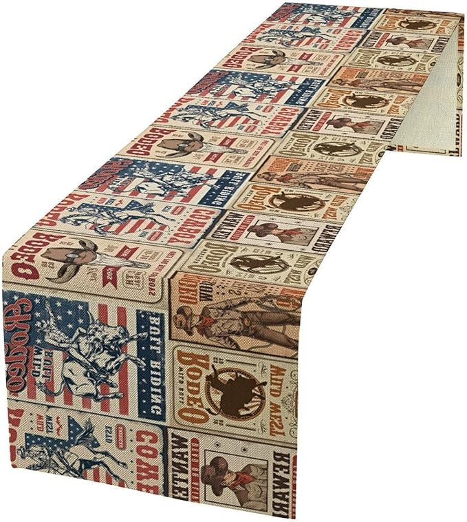 Vintage Cowboy Table Runner, Retro Western Rodeo Poster Home Decor Table Runner for Kitchen Dining Cafe Party, 13x120 Inch