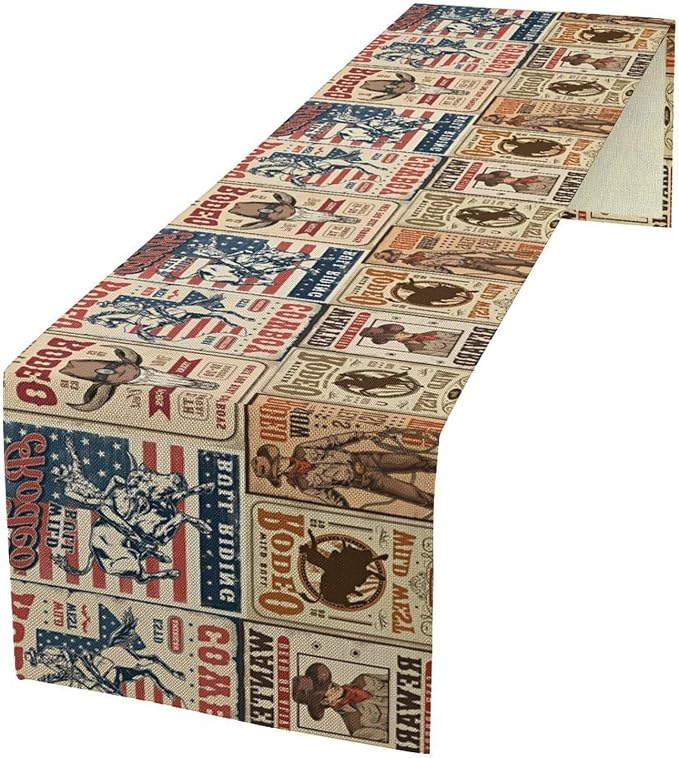 Vintage Cowboy Table Runner, Retro Western Rodeo Poster Home Decor Table Runner for Kitchen Dining Cafe Party, 13x90 Inch