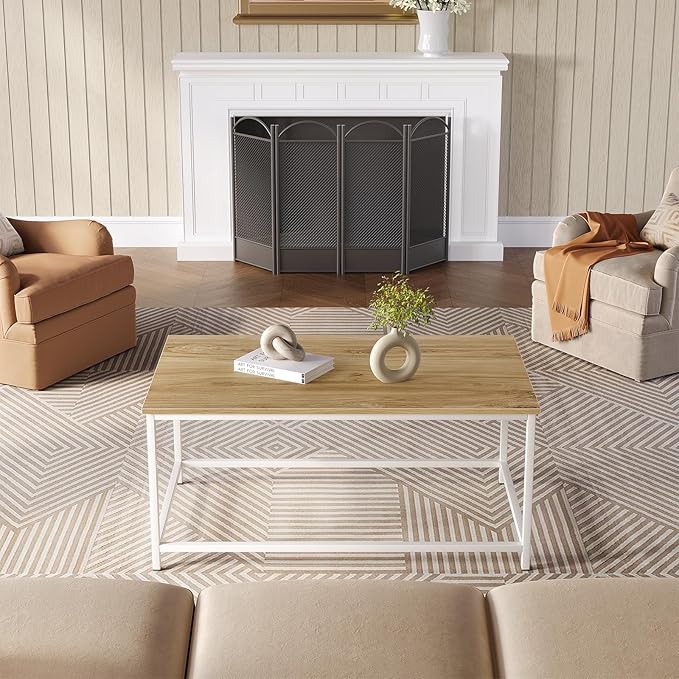 SAYGOER Coffee Table Simple Modern Coffee Tables Open Design Rectangular Minimalist Center Table for Living Room Home Office, Easy Assembly, 39.37 x 19.69 x 17.72, Beige White