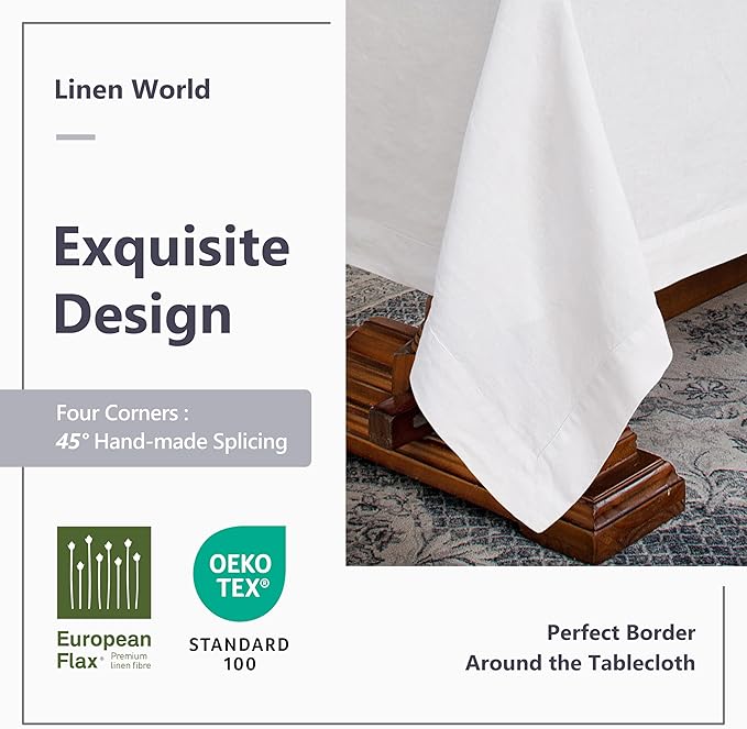 Linen World Linen Tablecloth,100% French Linen White Tablecloth 120" x 60" Inch,Washable Rectangular Tablecloth for Dining,Outdoor,Weddings and Restaurants,Decorative Thanksgiving Christmas