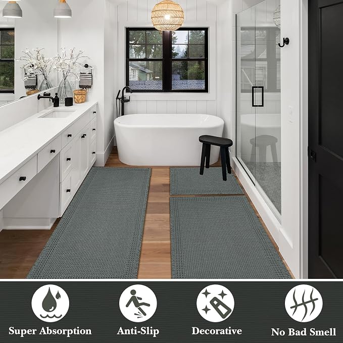 Waffle Bath Mat Set of 3 Non Slip Bathroom Rugs Bath Rug Runner Washable Bath Rugs Knit Bath Mats, Quick-Drying Floor Mat, Boho Tassel Style Suitable for Bathroom Floor, 24''x17''+24''x36''+24''x48''