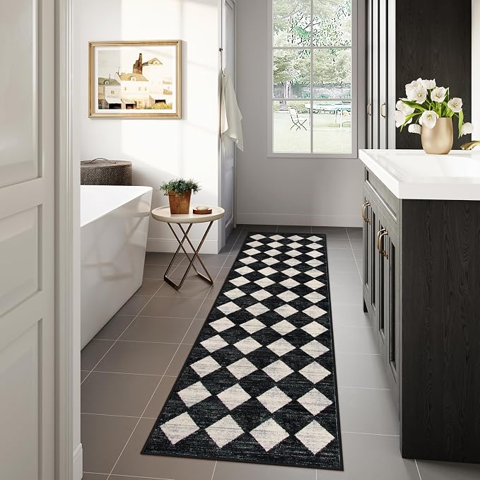 Lahome Zelie Checkered Washable Rug Runners for Hallways Non Slip,2x10 Black Kitchen Bathroom Runner Rug,Trellis Low Pile Indoor Carpet Runner for Bedroom Entryway Foyer(2'x10',Black)