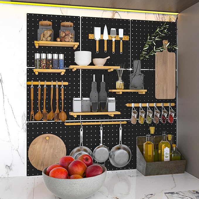 Peg Board, 6 Pack 12"x12" Black Metal Pegboard Panels Pegboards Wall Organizer with Bent Frame Large Heavy Duty Peg Board for Walls Home, Garage Tool Storage, Workbench, Craft Room, Kitchen