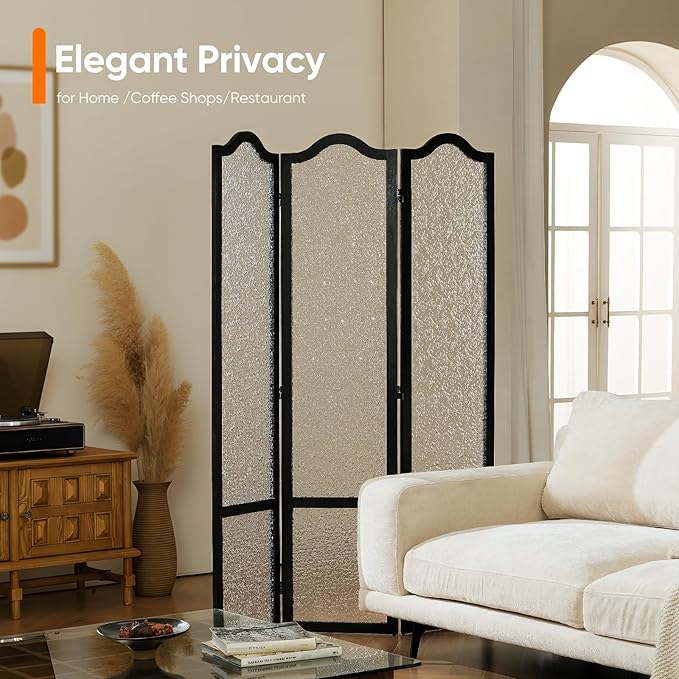 JOSTYLE Acrylic Room Divider, Folding Privacy Screen for Office & Loft, 3-Panel Modern Room Partition, Frosted Glass Like, Black Wood Frame, 67" H x 47.2" W