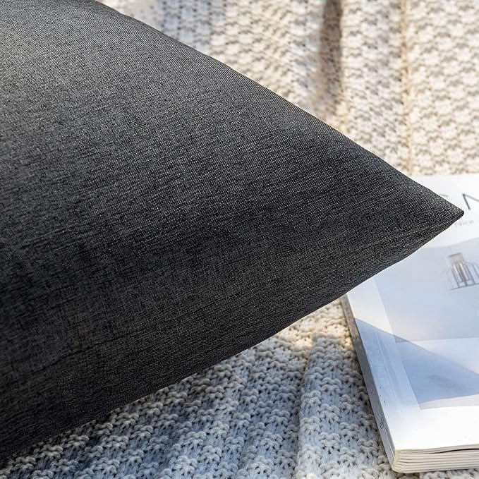 MIULEE Pack of 2 Decorative Outdoor Solid Waterproof Throw Pillow Covers Euro Sham Faux Linen Garden Farmhouse Cushion Cases for Halloween Tent Balcony Couch Sofa 26x26 Inch Black