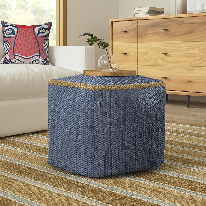 LR Home Indigo Bordered Transitional Hand-Loomed Cotton Pouf with Jute Braid for Home Decor | Farmhouse Cube Foot Rest for Bedroom & Living Room Decor | 18 x 18 x 18 Stuffed Ottoman for Seating