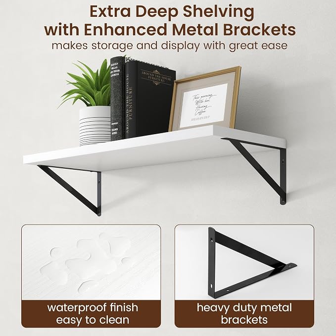 Axeman Deep Floating Shelves - 30 Inch White Floating Shelves Set of 2-12 Inch Deep Wood Wall Shelves for Living Room Bathroom Kitchen