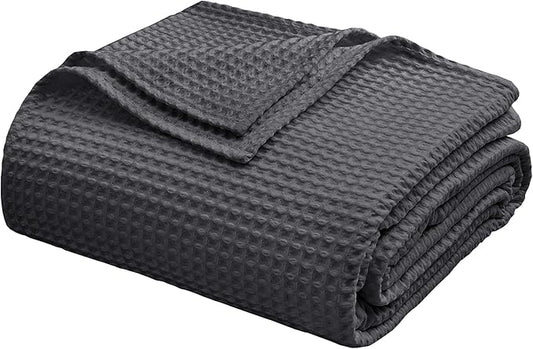 100% Egyptian Cotton Waffle Weave Throw Blanket for Bed Couch Sofa Home Decor, Soft Lightweight Bed & Couch Blanket for All Seasons (Dark Grey - Full Size - 84 * 90")