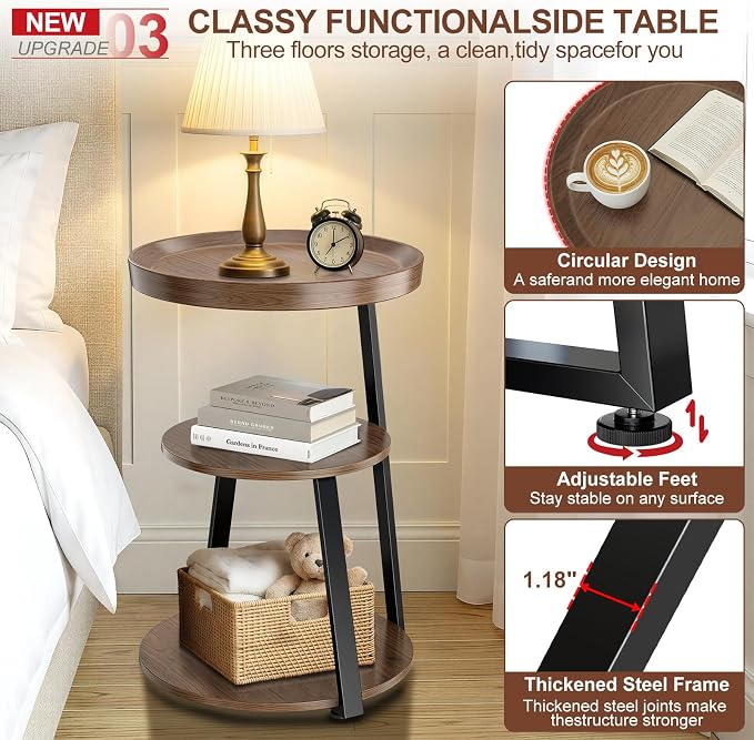 Round Side Table, 3-Tier Tray Top End Table with Storage Shelf, Ultra Stable Coffee End Table/Nightstand, Modern Farmhouse Couch Table for Living Room, Bedroom, Bedside Stand or Small Spaces, Walnut
