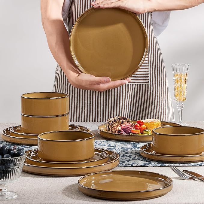Herogo 24 Pieces Stoneware Dinnerware Set for 8, Ceramic Dinner Dishware Sets for Home Kitchen, Plates and Bowls with Rustic Terracotta Bottom, Dishwasher & Microwave Safe, Earthen Brown