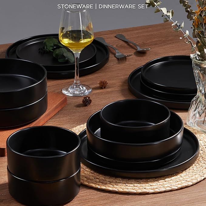 Onader 16 Piece Dinnerware Sets with Serving Bowls for 4, Stoneware Plates and Bowls Dish Sets, Ceramic Dinner Ware Dishware for Kitchen Dining, Chip & Scratch Resistant - Ebony Black