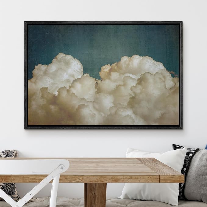 MUDECOR Framed Canvas Print Wall Art Vintage Golden Clouds Retro Sky Painting with Teal Illustrations Digital Art Decorative Bohemian Contemporary for Bedroom - 24"x36" Black