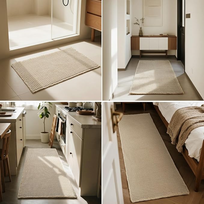 Triohero Waffle Bath Mat, Boho Bathroom Rugs Non Slip Washable, Ultra Soft Super Absorbent Quick Dry Farmhouse Bathroom Decor, 20" x 30", Pale Beige