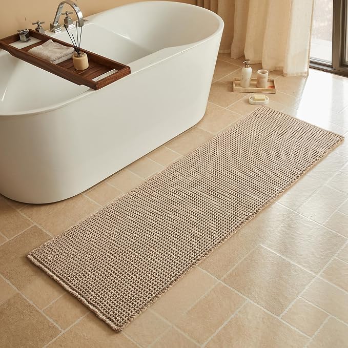 Triohero Waffle Runner Bath Mat - Long Bathroom Rugs Non Slip Washable, Ultra Soft Super Absorbent Quick Dry Boho Farmhouse Bathroom Decor, 24" x 72", Beige
