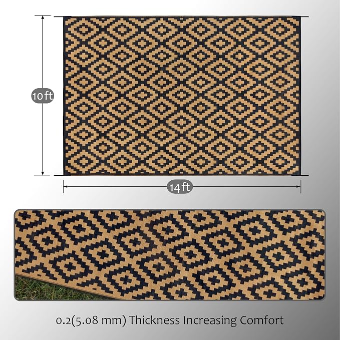 SAND MINE Reversible Mats, Plastic Straw Rug, Modern Area Rug, Large Floor Mat and Rug for Outdoors, RV, Patio, Backyard, Deck, Picnic, Beach, Trailer, Camping, Black & Brown, 10' x 14'