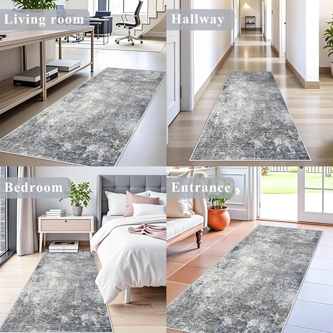 3x6 Washable Kitchen Runner Rug - Non Slip Stain Resistant Low-Pile Thin Wide Carpet Runners for Entryway Hallway Bathroom Bedside,Modern Neutral Abstract(Blue Grey,3x6)