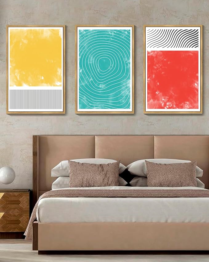 PHOPAGO 24x36in Large Minimalist Abstract Framed Wall Art Modern Colorful Line Wall Decor Geometric Artwork Bedroom Living Room Natural Framed