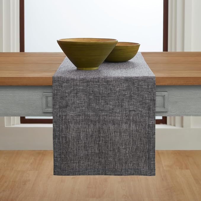 Solino Home Linen Chambray Black Table Runner 108 Inches Long - Athena, 100% Pure Linen Dining Table Runner 14 x 108 Inch