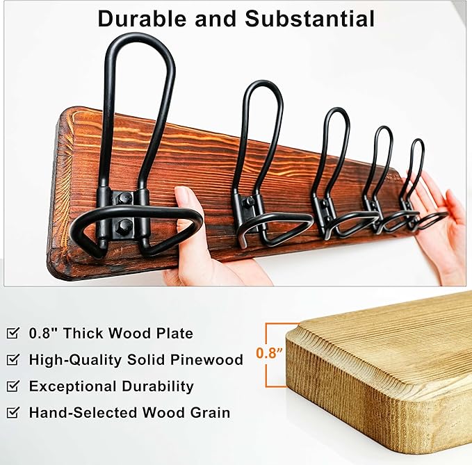 Dseap Coat Rack Wall Mounted - Heavy Duty Farmhouse Rustic Wall Coat Hanger with 5 Wire Hooks for Clothes Hat Jacket Towel, RusticWire, G25A, Whitewash & Black, Pack of 2