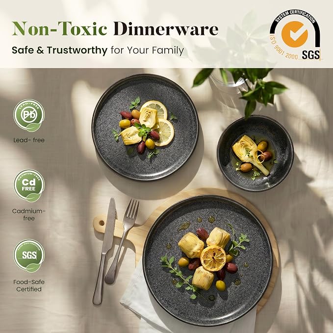 Kitchen Academy Black Fluted Stoneware Plates and Bowls Sets for 4, 12 Pieces Ceramic Dinnerware Set Non Toxic, Scratch Resistant Dish, Oven & Microwave & Dishwasher Safe