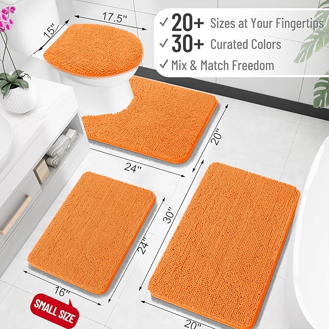 OLANLY Toilet Rugs U-Shaped 20x20, Extra Soft Absorbent Chenille Contour Bathroom Rugs for Toilet, Dry Quickly, Machine Washable, Non-Slip Bath Mat, Orange