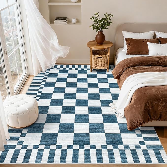 GarveeHome Blue and White Checkered Rug,Washable 3x5 Rug Non Slip for Entryway, Soft Low-Pile, Modern Farmhouse Geometric Small Area Rugs for Bedroom Kitchen