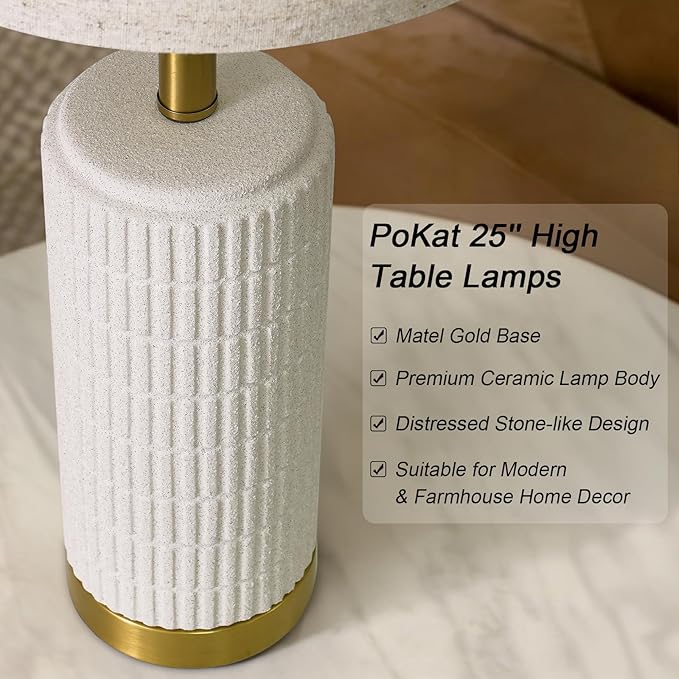 PoKat Farmhouse Table Lamps for Living Room Set of 2 with Gold Base, 25'' Stone-Like Bedside Lamps for Bedroom Night Stands, Ructic Ceramic Lamp for Office Hallway End Table Dorm (Frosted White)