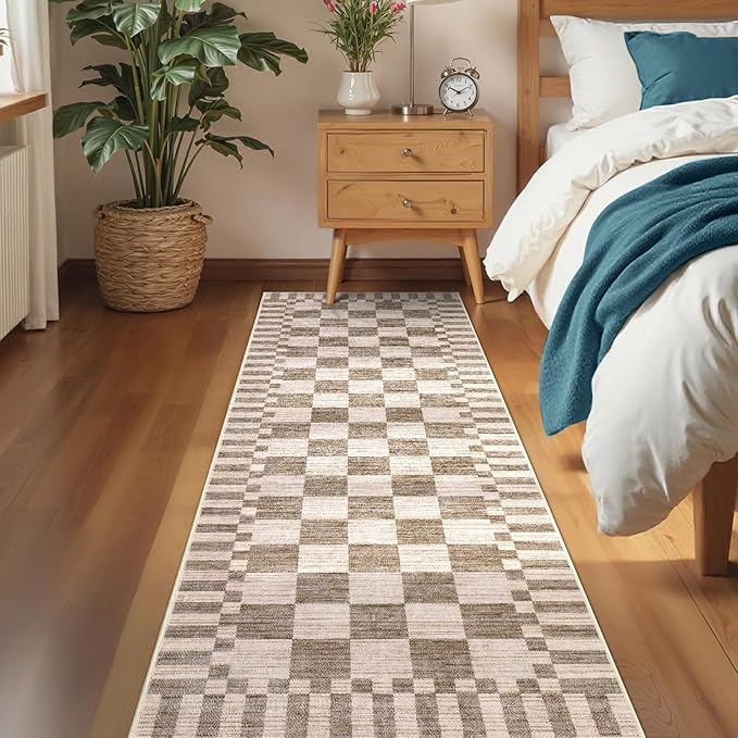 GarveeHome 2×10 Kitchen Runner Rug Non Slip,Brown Checkered Rug,Washable Runner Rug for Hallway Soft Low-Pile Geometric Checkerboard Rugs for Entryway Kitchen Dining Room