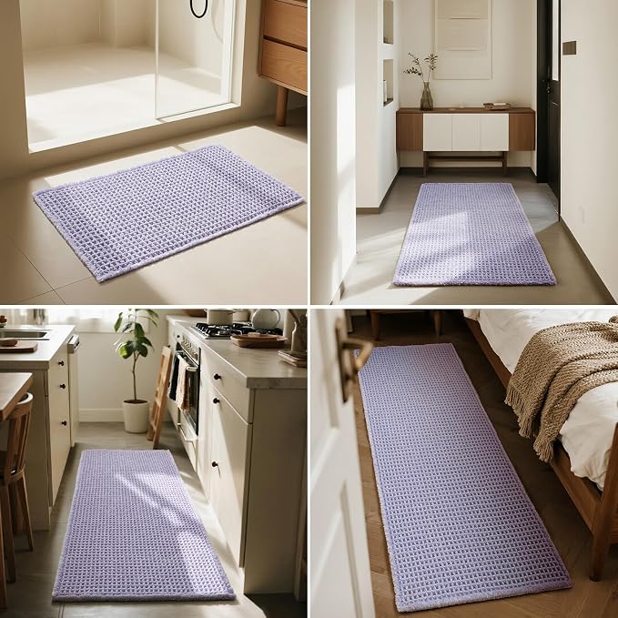 Triohero Waffle Bath Mat, Small Boho Bathroom Rugs Non Slip Washable, Ultra Soft Super Absorbent Quick Dry Farmhouse Bathroom Decor, 16" x 24", Lavender Cream