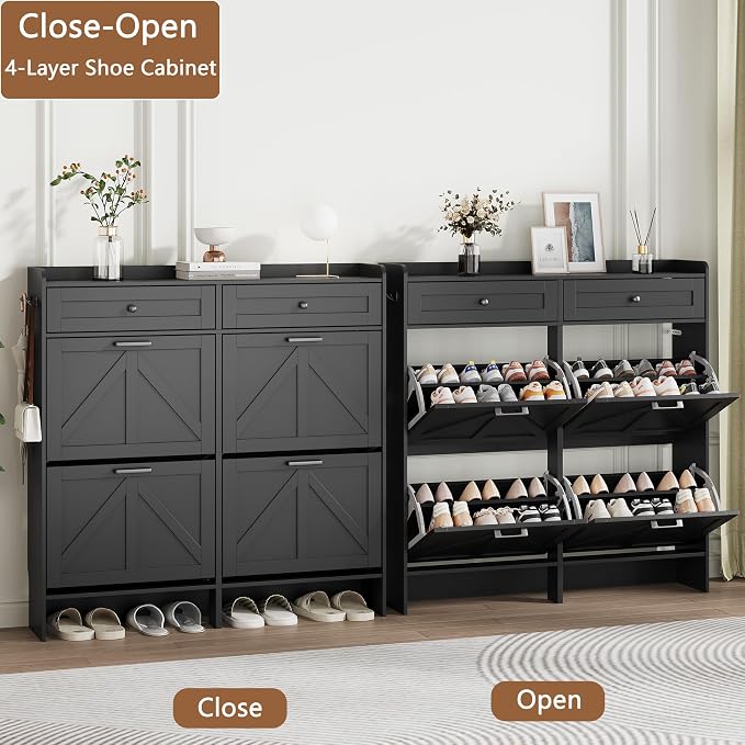 Shoe Cabinet with 4 Flip Drawers & 2 Top Drawers, 43" Tall Freestanding Narrow Wooden Shoe Storage Organizer for Entryway, Hidden Slim Shoe Rack for Front Door Entrance, Hallway, Living Room, Black