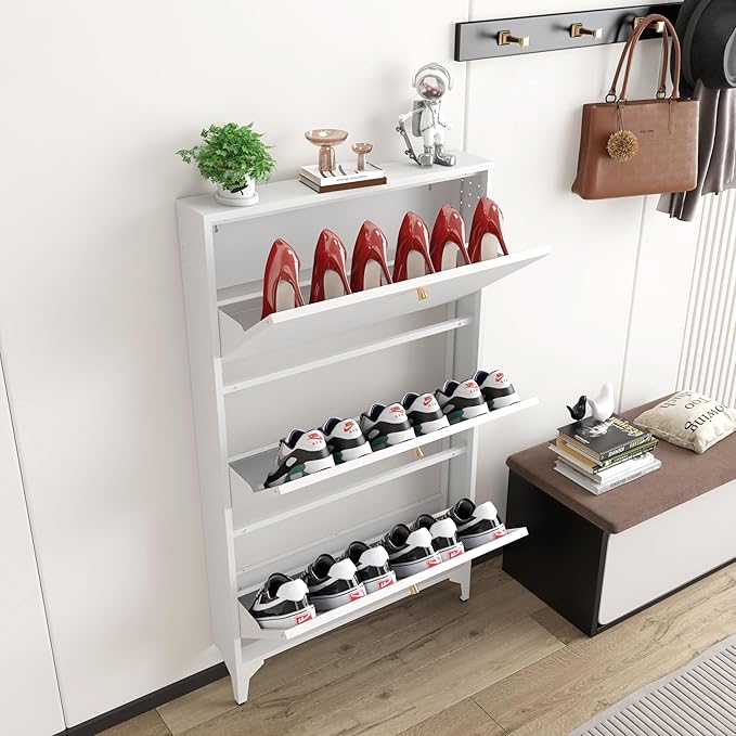 Shoe Storage Cabinet with 3 Flip Drawers, Freestanding Hidden Slim Narrow Shoe Rack Cabinet for Entryway, Metal Modern Shoe Cabinets for Foyer, Front Door,Living Room,Hallway, White
