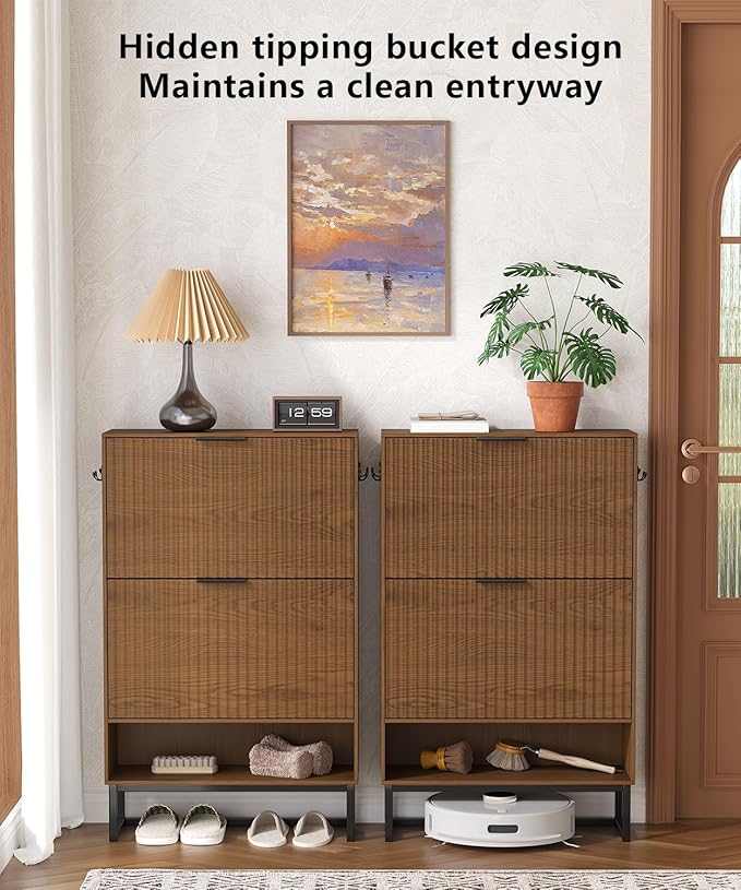 Akxomel Fluted Shoe Storage Cabinet, Narrow Hidden Shoe Rack Cabinet with Metal Legs, Narrow Shoe Organizer, 2 Flip Drawers, for Entryway, Hallway, Living Room, Walnut