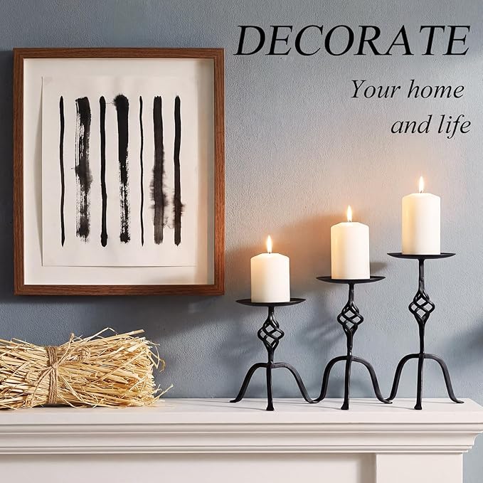 Set of 3 Black Iron Candlestick Holder Metal Vintage Candle Holder 9.8, 8, 6.3 Inch Tall Decorative Wrought Iron Pillar Candle Sconce Home Decor Wedding Dinning Party Anniversary (Retro)