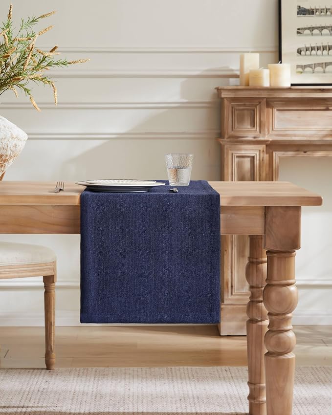 ZeeMart Burlap Style Farmhouse Table Runners 60 Inches Long, Navy Rustic Woven Dining Table Runner for Everyday Use, 14x60 Inches, Navy