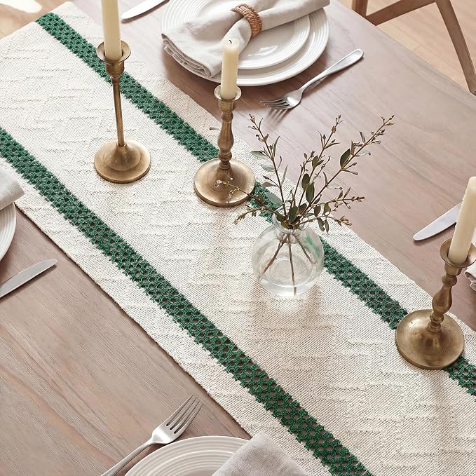 Artoid Mode Forest Green Stripe Woven Table Runner, Seasonal Holiday Hollow Kitchen Dining Table Decoration for Home Party Decor 12x108 Inch