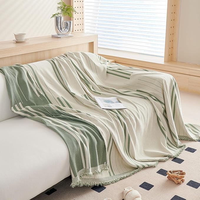 DREAMINGO Couch Cover Reversible Chenille Furniture Protector Sofa Covers for Dogs Pets Beige Green Couch Cover for 3 Cushion Couch Sofa Vertical Stripe Jacquard Sofa Slipcover Sectional, 71"x150"